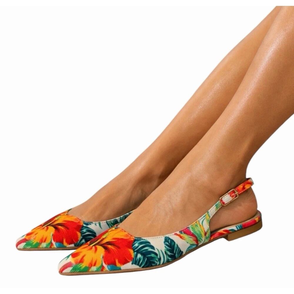 Matiko Tropical Hawaiian Floral Pointed Toe Slingback Flats 36 NIB